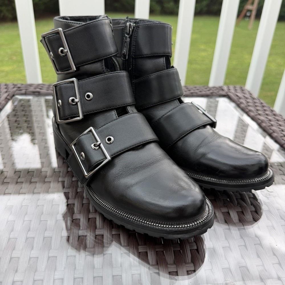 Blondo Shoes Camila Waterproof Moto Biker Boots Womens 7.5M Straps Black Leather